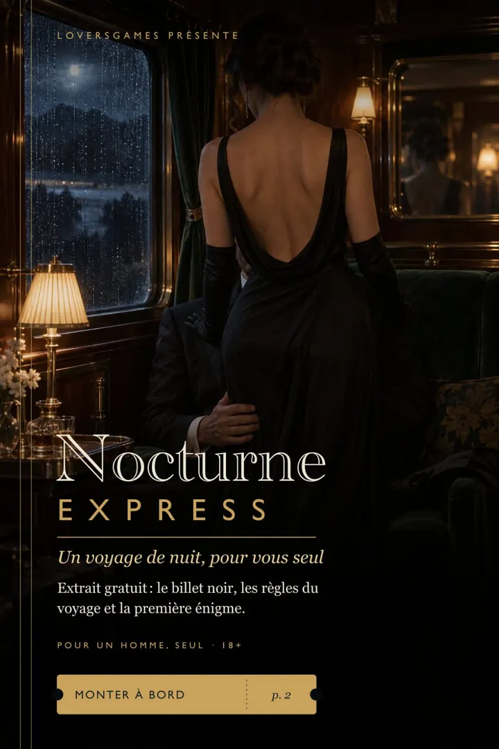 Couverture de Nocturne Express : une femme en robe noire dans un compartiment de train de nuit