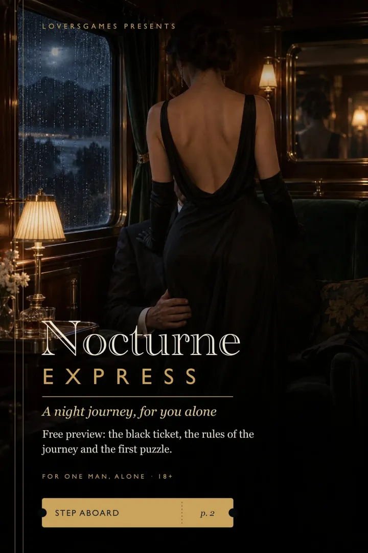 Cover of Nocturne Express: a woman in a black dress in a night-train compartment