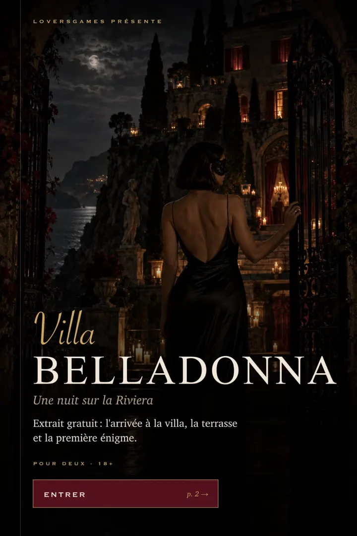 Couverture de Villa Belladonna : une femme au portail de fer d'une villa, la nuit