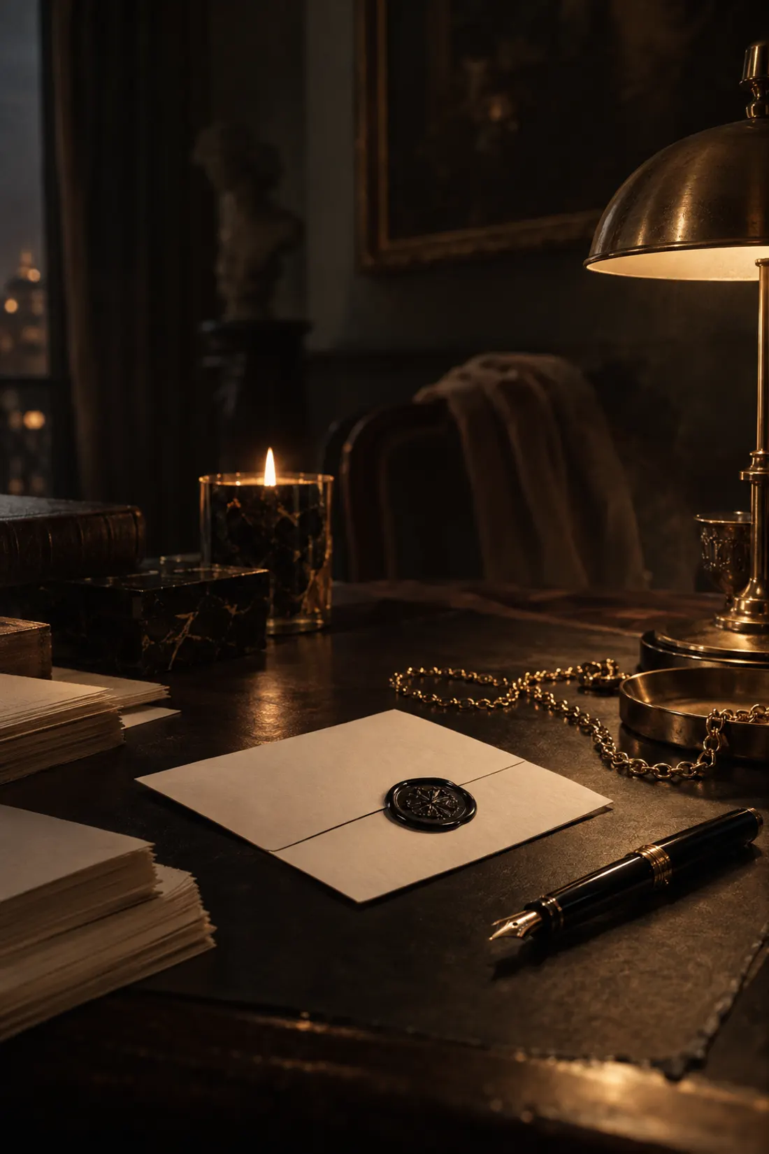 A desk in the half-light: a card sealed with black wax, a fountain pen and a gold chain