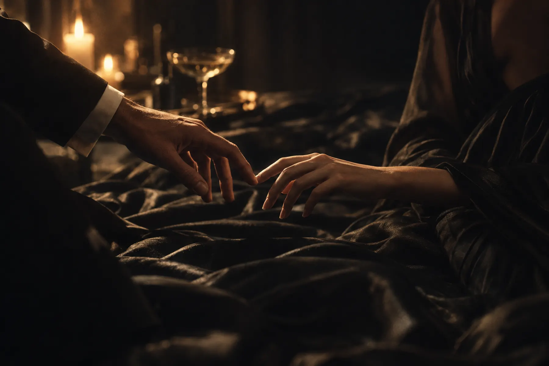 Two hands about to touch in the candlelight