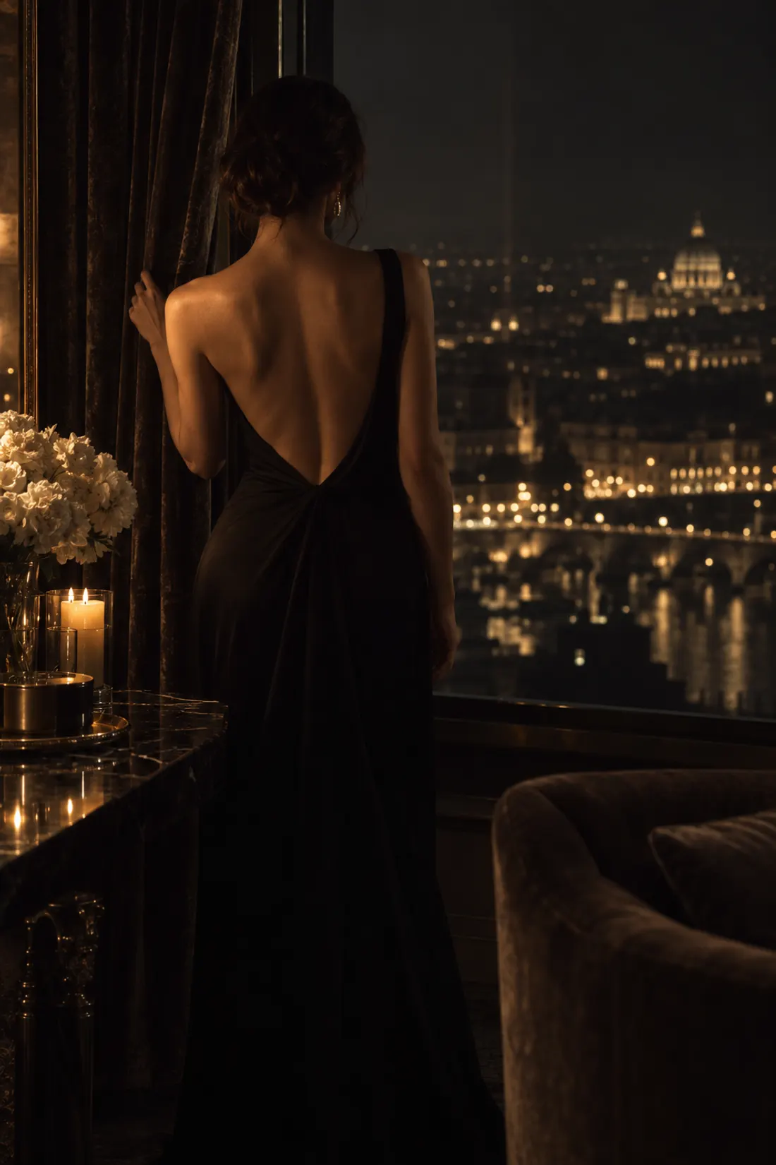 A woman seen from behind in a black dress, at a window overlooking the city at night