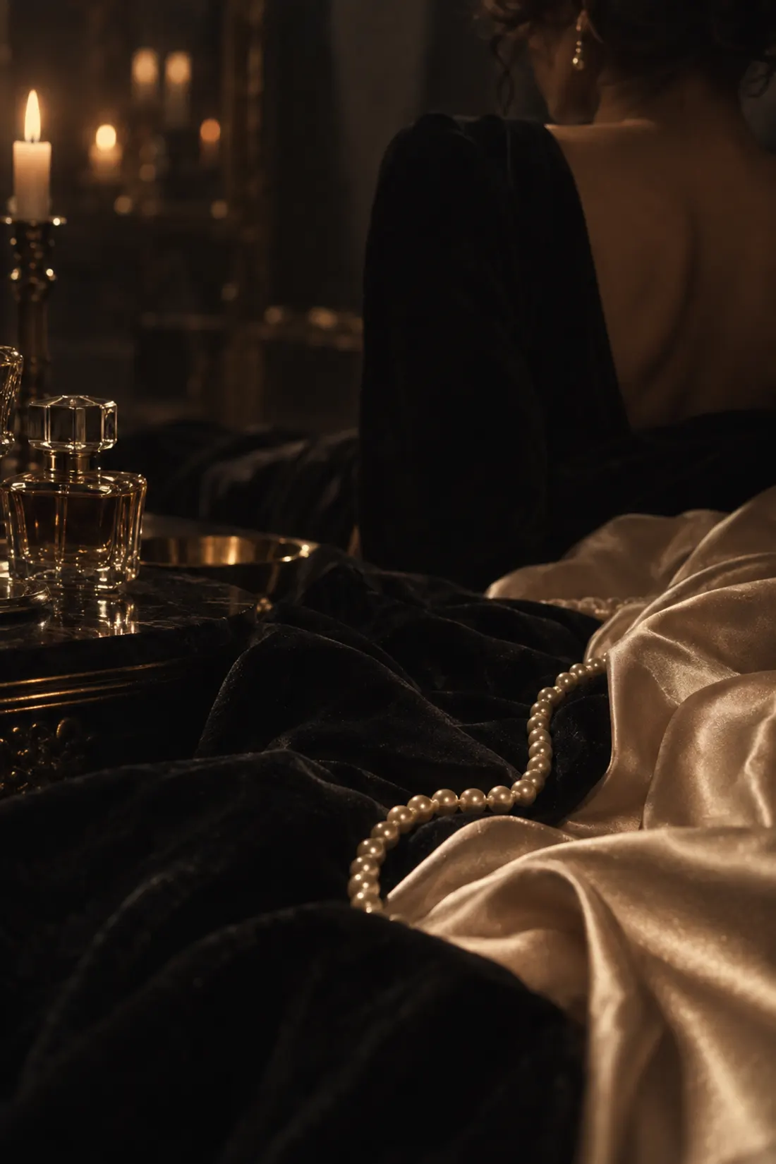 Black velvet and champagne satin, a string of pearls slipping across them